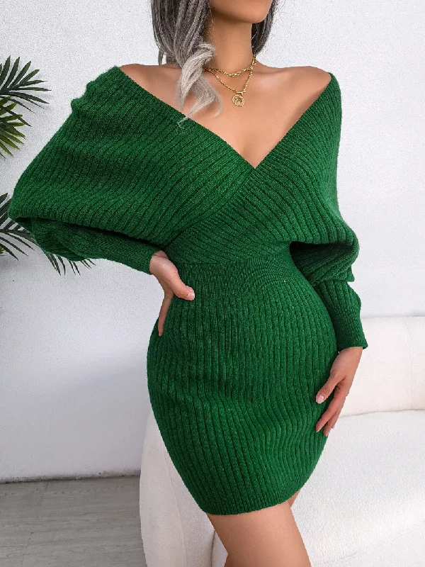 Sweater Dresses Formal Deep V Neck Mini Sexy Dress Batwing Long Sleeve Knitted Winter Dresses