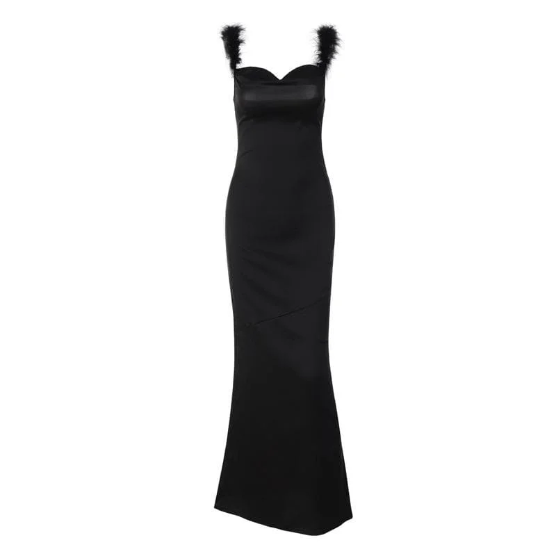 BerryBetty - Feather cowl neck ruched solid backless maxi dress