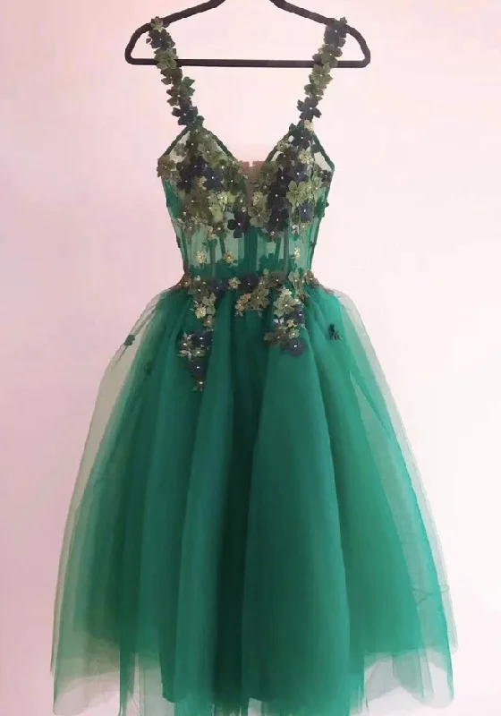 Green Prom Dresses, Sweetheart Prom Dresses, Hand Made Flowers Prom Dresses, Tulle Prom Dresses, Green Evening Gowns, Mini Cocktail Dresses       S3203