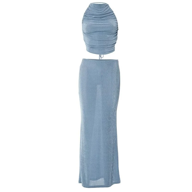 BerryBetty - Halter solid backless self tie ruched maxi skirt set