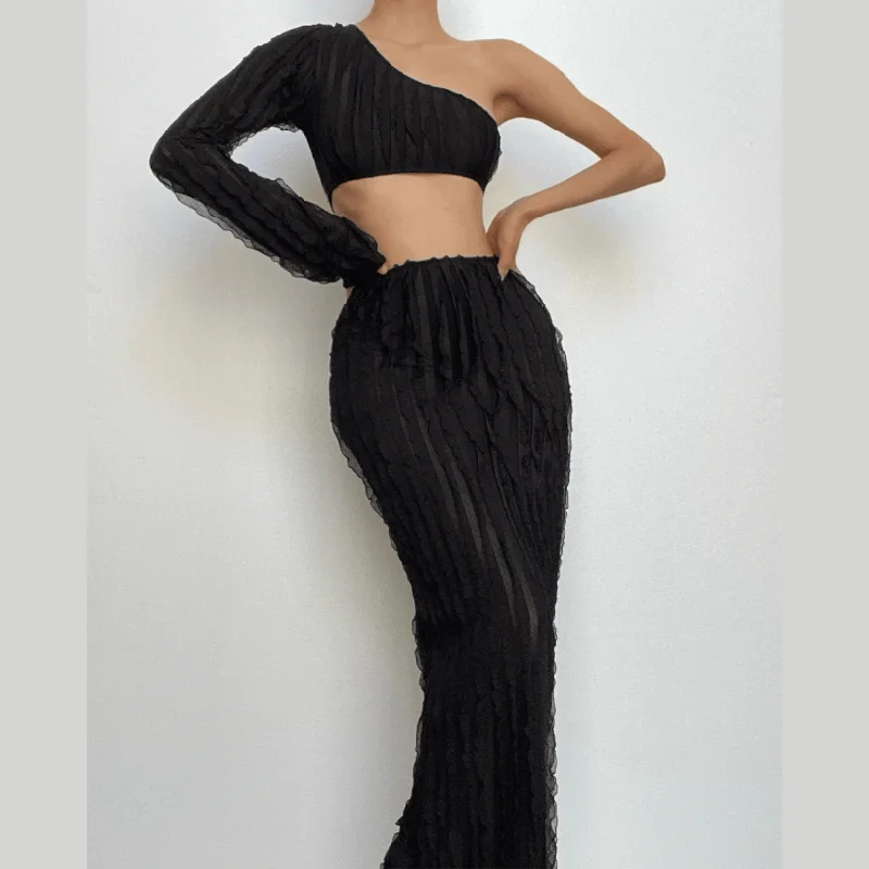 BerryBetty - One shoulder long sleeve irregular ruffle textured maxi skirt set