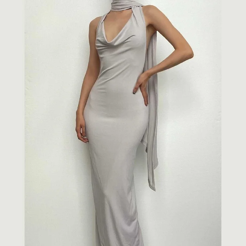 BerryBetty - Ruched slit halter ribbed backless cowl neck solid maxi dress