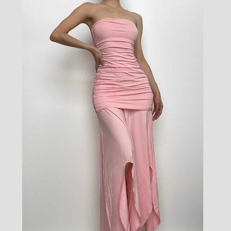 BerryBetty - Ruched solid slit irregular backless tube maxi dress