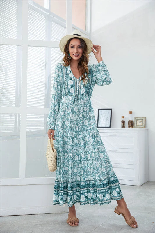 BerryBetty - Women's V-Neck Front Button Lantern Sleeve Floral Print Drawstring High Waist Maxi Dress