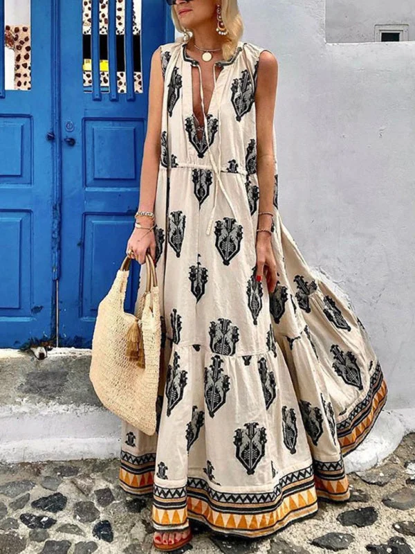 BerryBetty - Women's Sleeveless Maxi Bohemian Print Dress