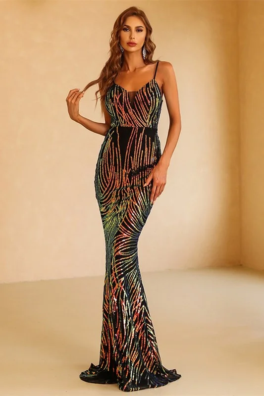 Black Multi Sequin Backless Mermaid Long Evening Dress