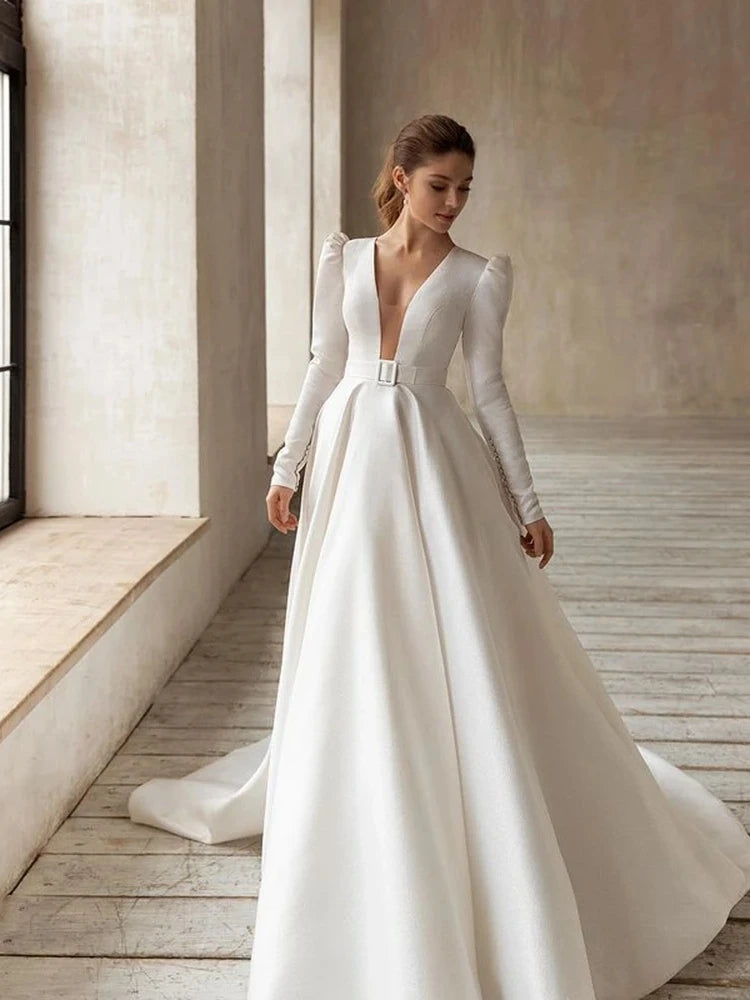 Classic Elegant Wedding Dresses A-Line Satin Bridal Gowns V-Neck Long Sleeves Robes For Formal Party Vestidos De Novia