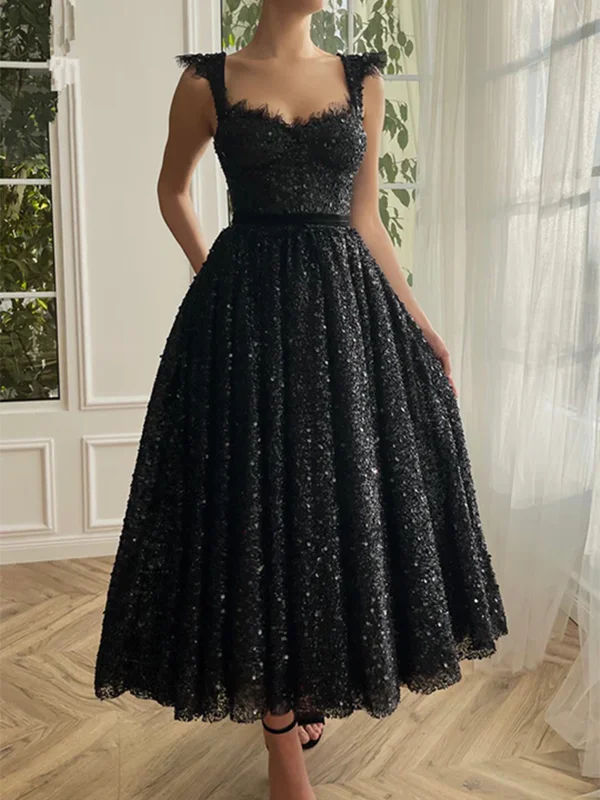 Newest A-line Black Sequins Long Prom Dresses, Girl Graduation Party Dresses, 2023 Prom Dresses