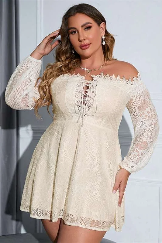 Plus Size Off-White Lace Off-the-Shoulder Long Sleeve Party Dress