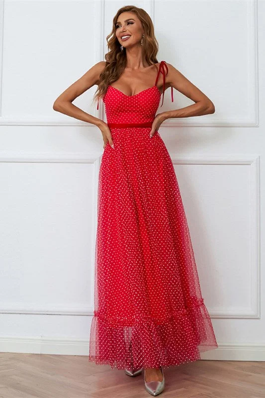 Red Polka Dot Tulle Tie-Strap Long Evening Dress