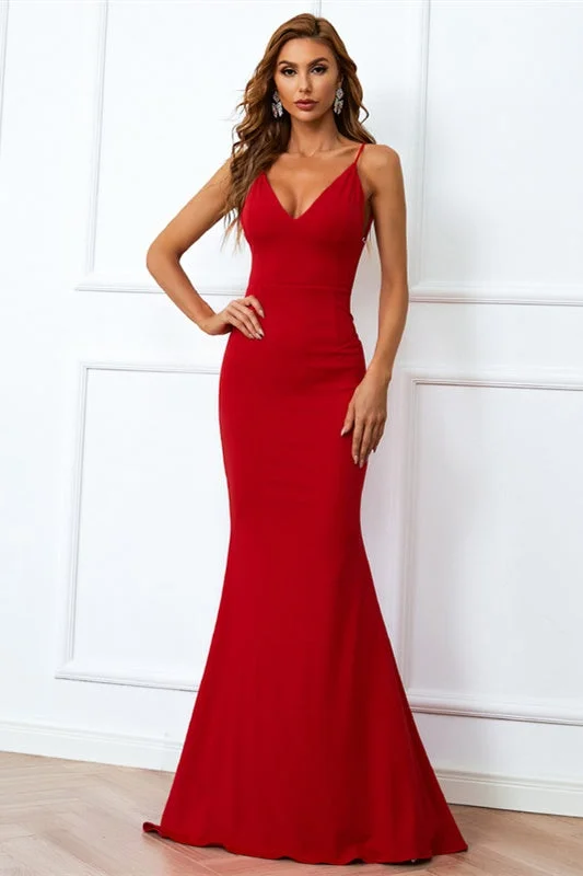 Red V-Neck Backless Mermaid Long Evening Dress