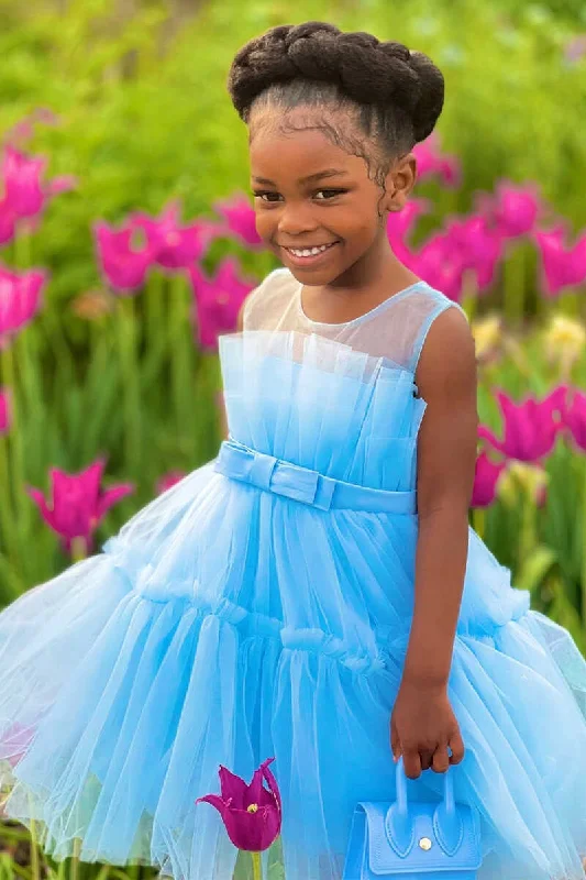 Blue Tulle Sleeveless Bow Girl Party Dress