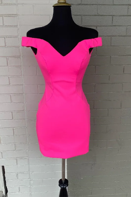 Tight Hot Pink Off the Shoulder Short Party Dress