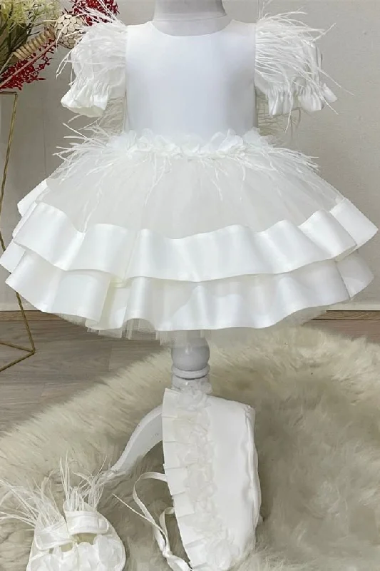 White Feather Bow Back Tiered Girl Party Dress