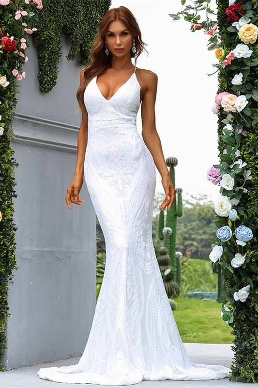 White Jacquard V-Neck Backless Mermaid Long Evening Dress