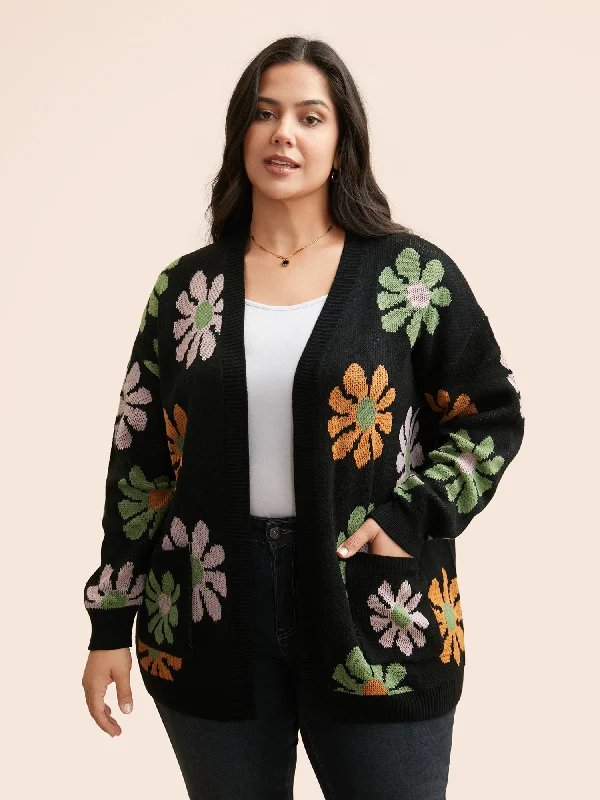 Contrast Floral Patch Pocket Cardigan