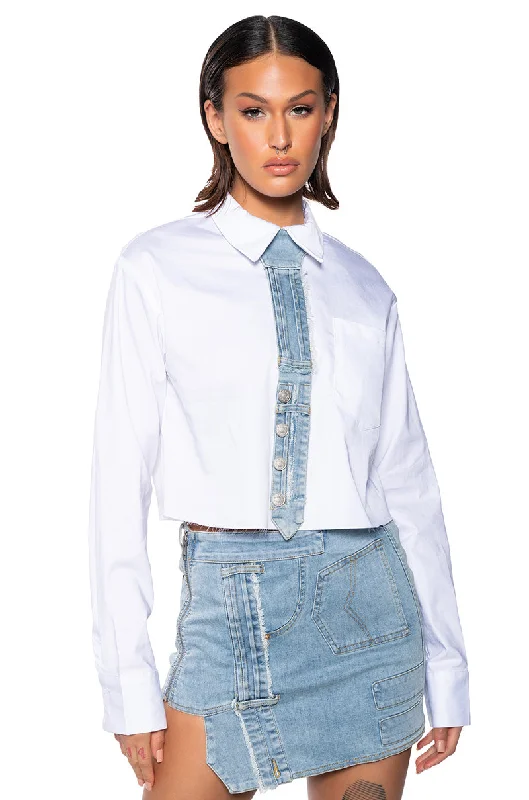 DENIM DAY TIE DETAIL BUTTON DOWN BLOUSE