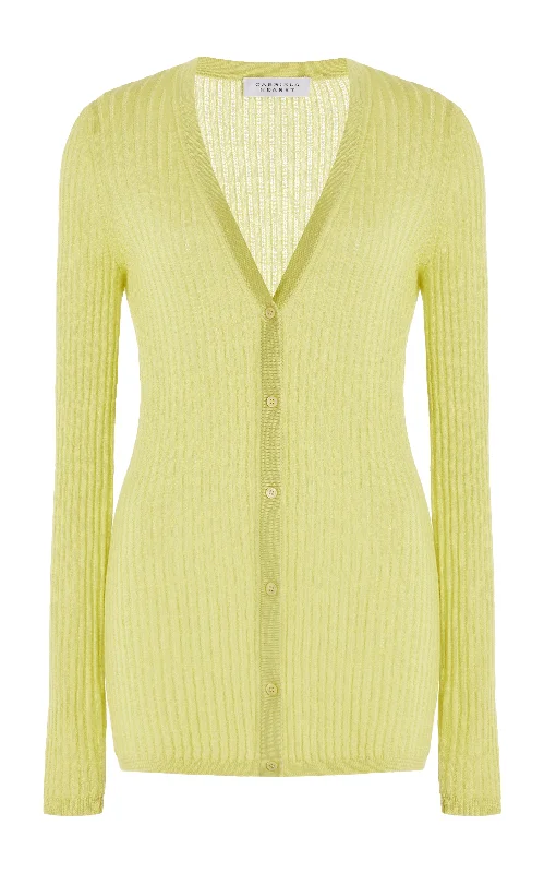 Emma Pointelle Knit Cardigan in Lime Adamite Cashmere Silk