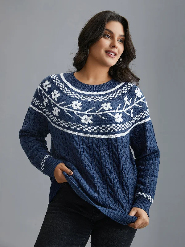 Floral Cable Knit Raglan Sleeve Pullover