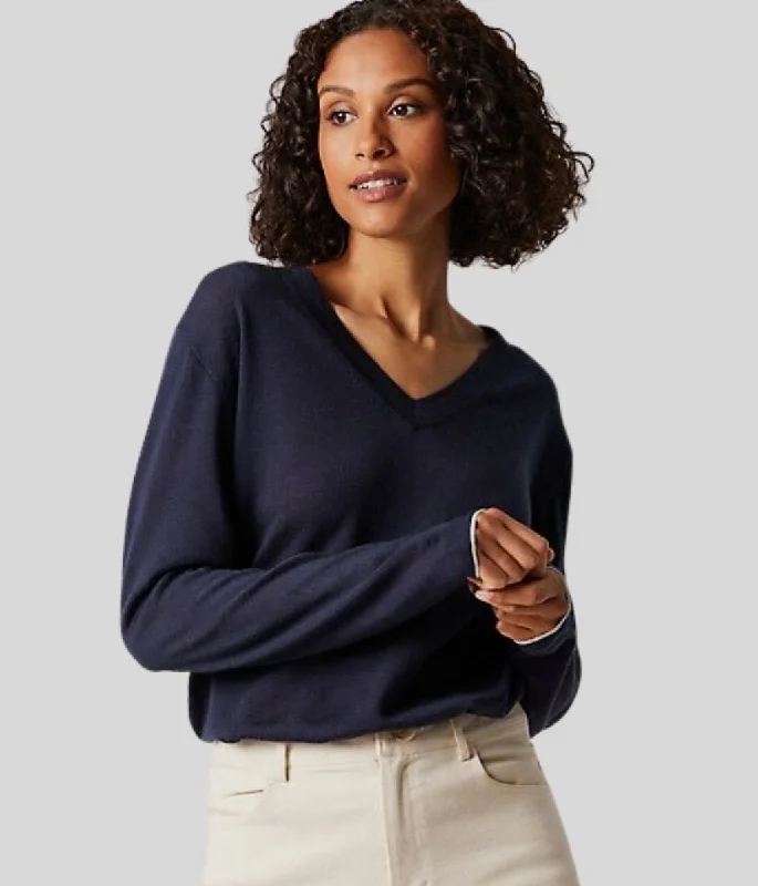 Navy Merino Wool V Neck Jumper