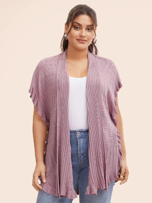 Plain Textured Patchwork Ruffle Trim Cardigan